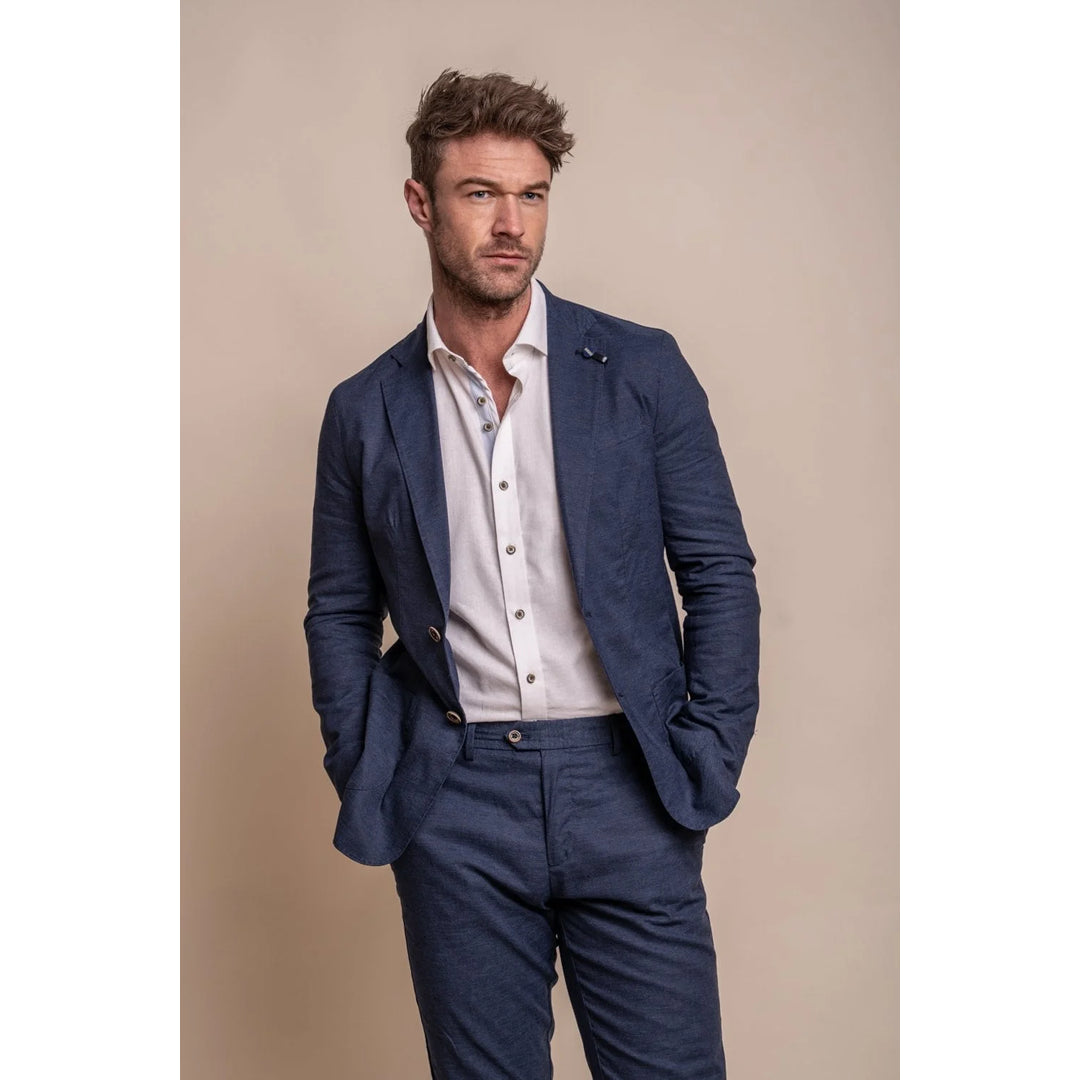 Alvari - Men's Navy Linen Summer Blazer Polished Men's Silk