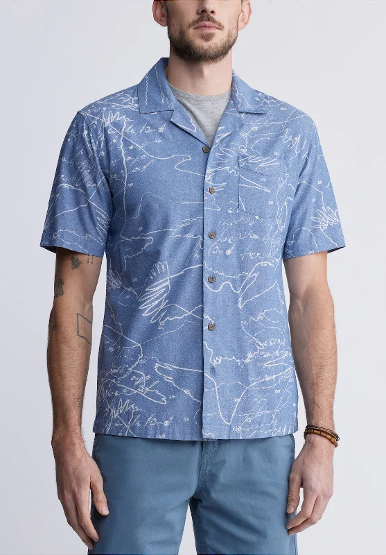 Sirvan Men's Short-Sleeve Printed Cuban Shirt in Indigo Blue - BM24302 Elegant Men's Cashmere