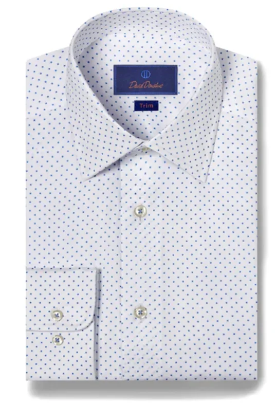 David Donahue White & Blue Geometric Print Dress Shirt Traditional Men's Wool