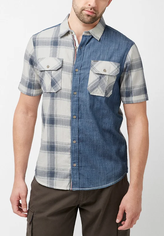 Sage Men's Short Sleeves Shirt in Plaid and Denim Blue Combo - BM23882 Bold Men's Statement