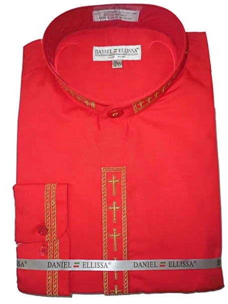 Men's Banded Collar Embroidered Convertible Cuff Shirt in Red/Gold Rugged Men's Outdoor 