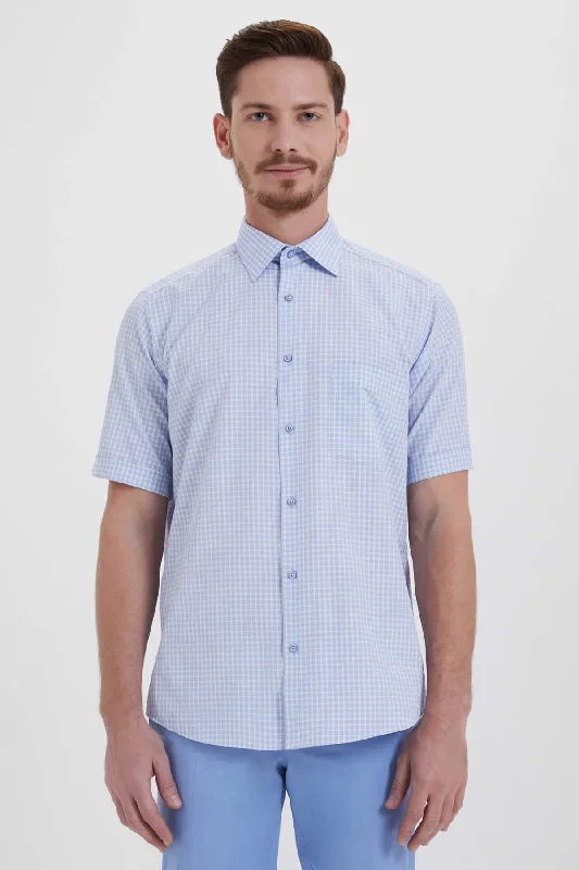 Classic Fit Short Sleeve Plaid Cotton Blend Blue Dress Shirt Classic Men's Pin