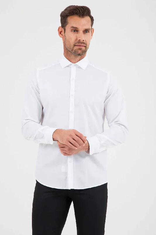 Slim Fit Plain Cotton Blend White Dress Shirt Classic Men's Pin