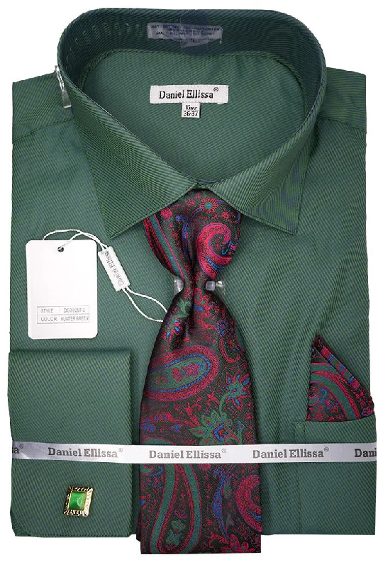 Hunter Green Pin Striped Dress Shirt Set with Tie and Handkerchief Gym