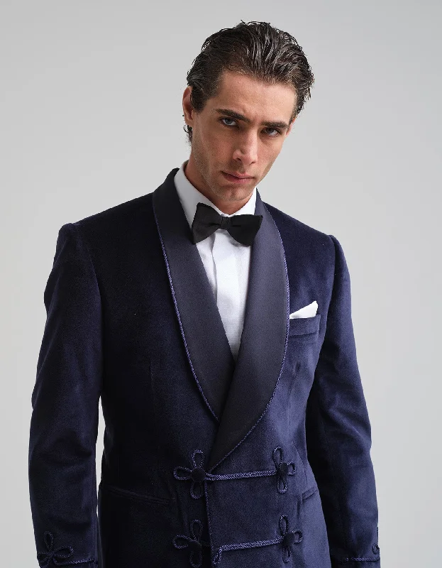 Navy Velvet Double-Breasted Smoking Jacket GOLD Sophisticated Men's 