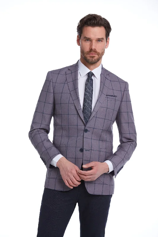 Slim Fit Notch Lapel Checked Brick Classic Blazer, Gray K. Lumberjack