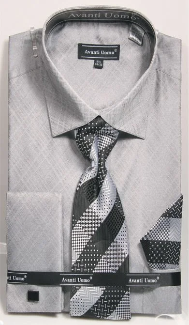 French Cuff Regular Fit Shirt in Gray with Tie, Cuff Links and Pocket Square Unique Men's Patch