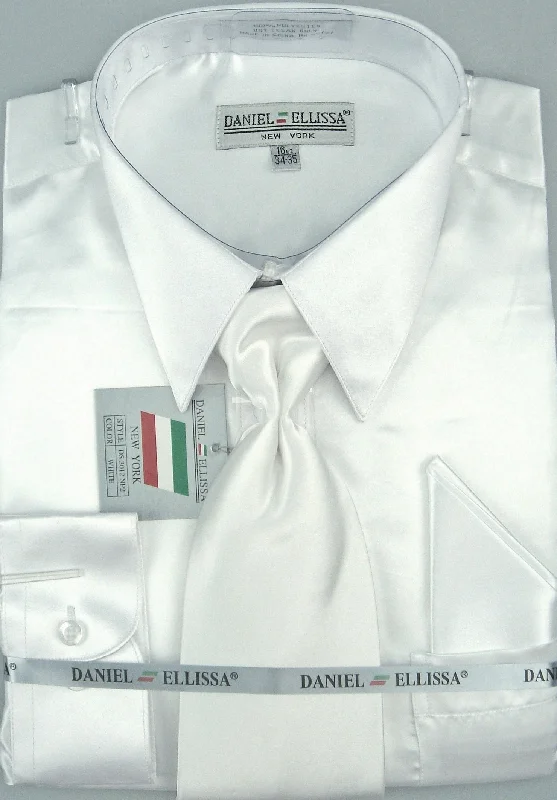 Satin Dress Shirt Convertible Cuff Regular Fit in White With Tie And Pocket Square Refined Men's Classic 