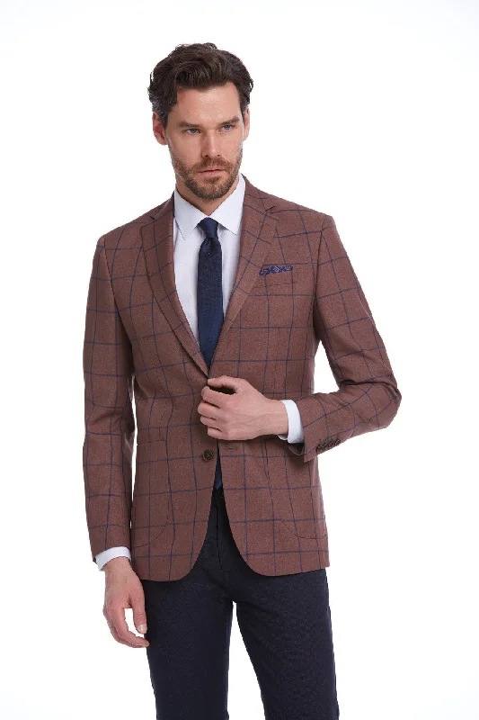 Slim Fit Notch Lapel Checked Brick Classic Blazer, Brick K Street