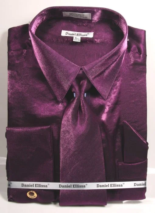 Purple Metallic Velvet Dress Shirt Set French Cuff Business