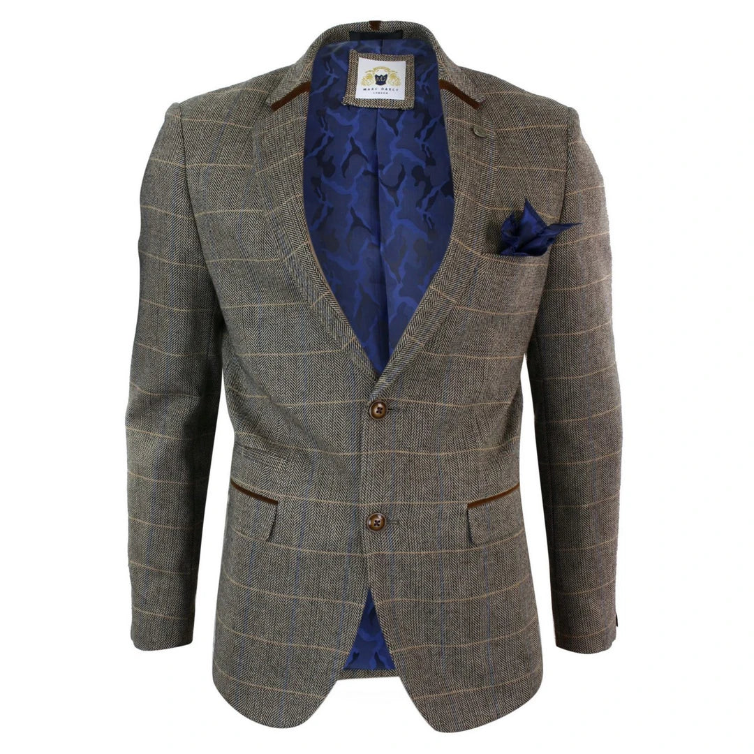 blake - Men's Herringbone Tweed Marc Darcy Tan Brown 2 Button Blazer Bold Men's Statement