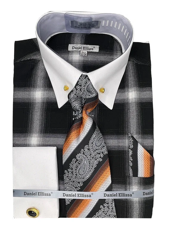 Black Tone on Tone Check Printed French Cuff Dress Shirt Set Vacation