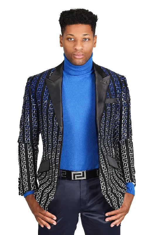 Barabas Greek Motif Sequin Blazer Royal/Silveri Bold Men's Animal