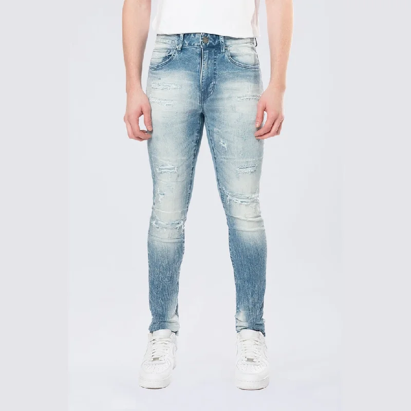 Super Skinny Distressed Rip and Repair Jeans - Lowell Blue Monochromatic Office Style