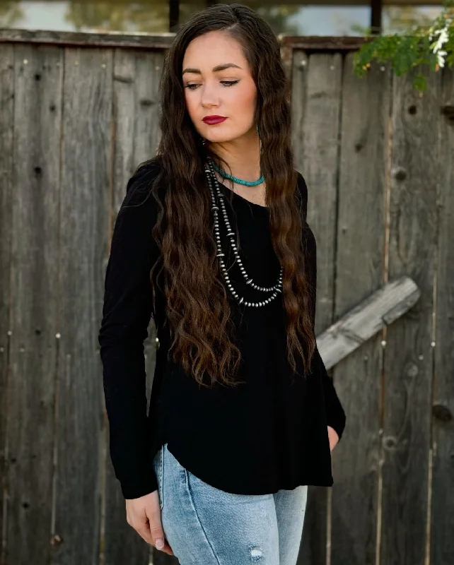 Kassie Black Long Sleeve Basic Tee Beach