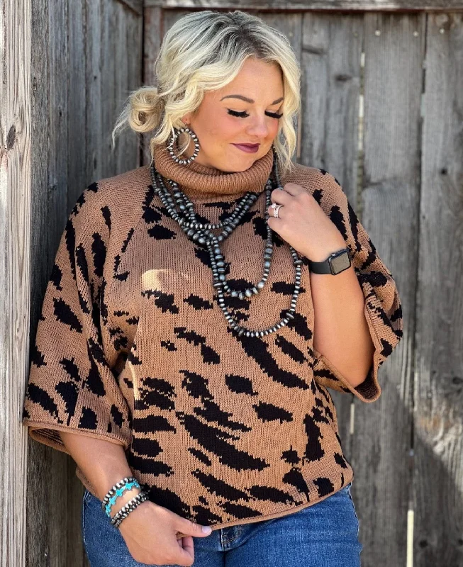 Vanna Tan & Black Leopard Cowl Neck Sweater Monochromatic All