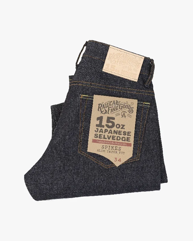 Railcar Fine Goods Spikes Slim Tapered Mens Jeans - X100 15oz Japanese Dark Indigo Selvedge Gym